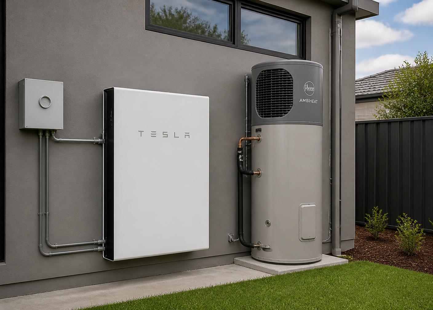 Home battery and heat pump hot water system installed on a house exterior