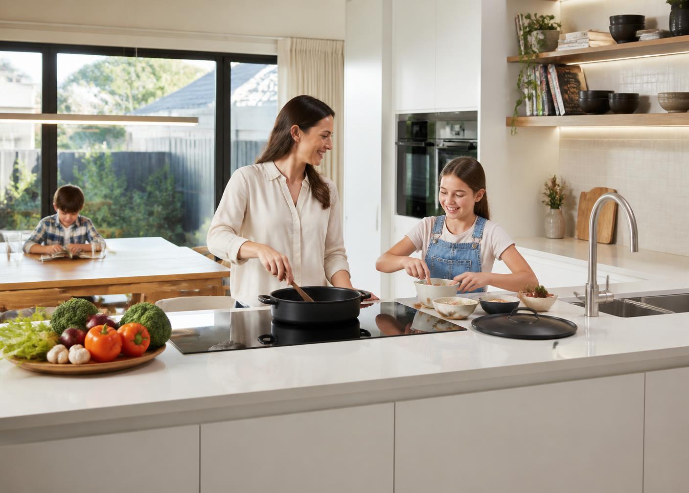 Family cooking on an induction cooktop in a modern Melbourne kitchen